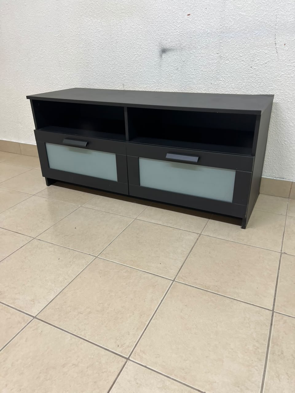This is an IKEA BRIMNES TV bench in black, featuring open shelves and two storage drawers with frosted glass fronts. - Image 4