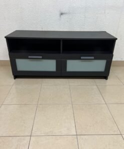 This is an IKEA BRIMNES TV bench in black, featuring open shelves and two storage drawers with frosted glass fronts. - Image 5