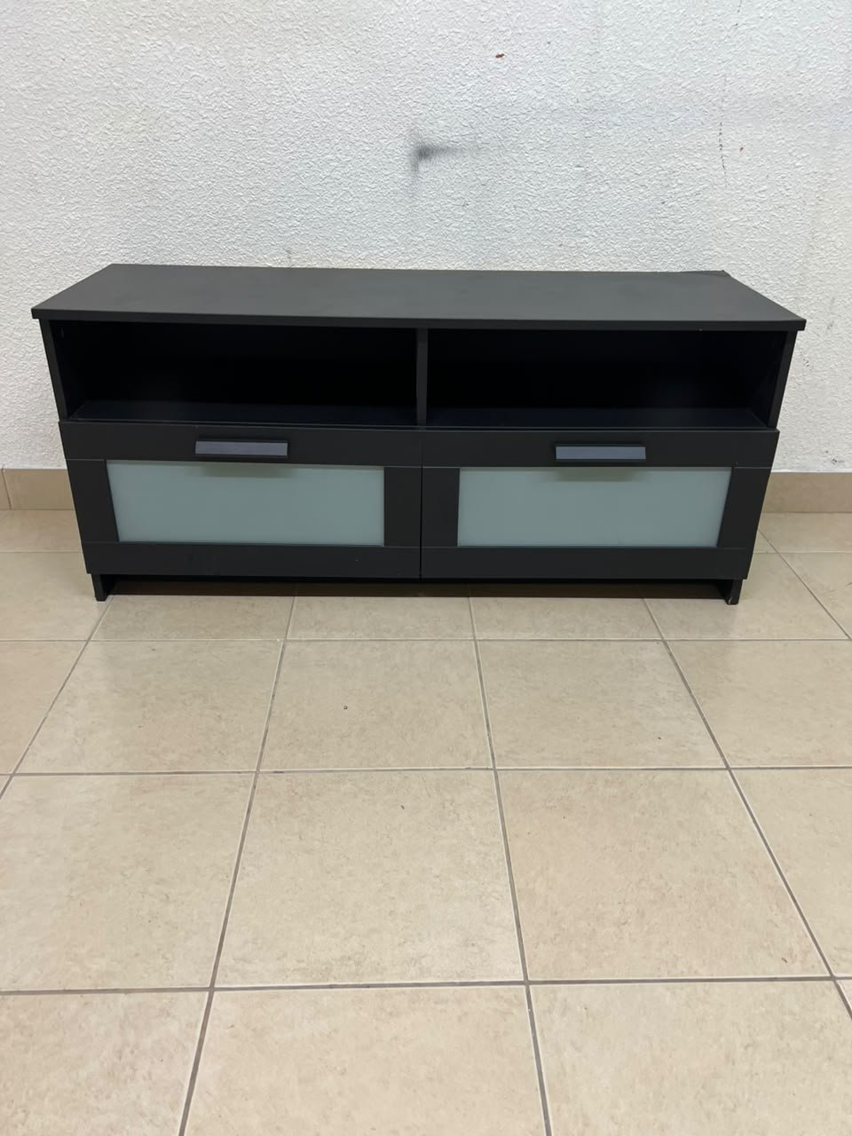 This is an IKEA BRIMNES TV bench in black, featuring open shelves and two storage drawers with frosted glass fronts. - Image 5