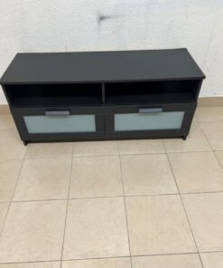This is an IKEA BRIMNES TV bench in black, featuring open shelves and two storage drawers with frosted glass fronts. - Image 7