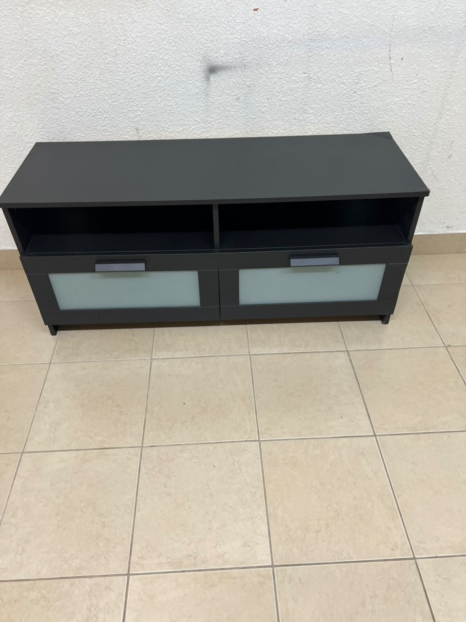 This is an IKEA BRIMNES TV bench in black, featuring open shelves and two storage drawers with frosted glass fronts. - Image 7