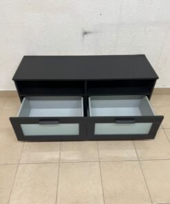This is an IKEA BRIMNES TV bench in black, featuring open shelves and two storage drawers with frosted glass fronts. - Image 8