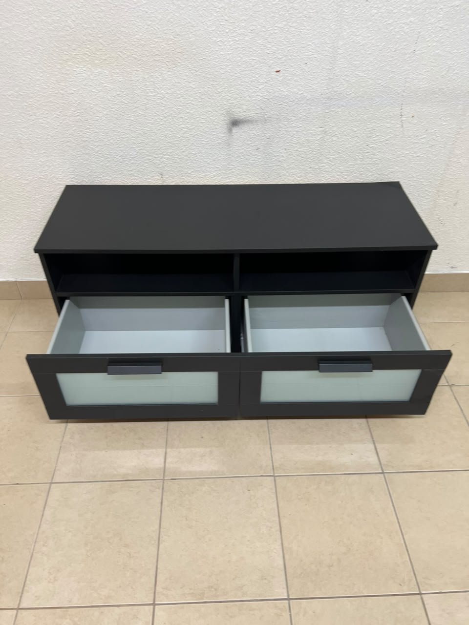 This is an IKEA BRIMNES TV bench in black, featuring open shelves and two storage drawers with frosted glass fronts. - Image 8
