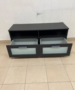 This is an IKEA BRIMNES TV bench in black, featuring open shelves and two storage drawers with frosted glass fronts. - Image 9