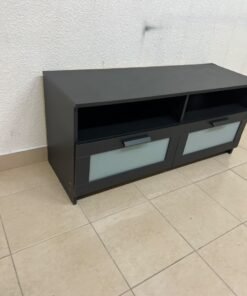 This is an IKEA BRIMNES TV bench in black, featuring open shelves and two storage drawers with frosted glass fronts. - Image 10