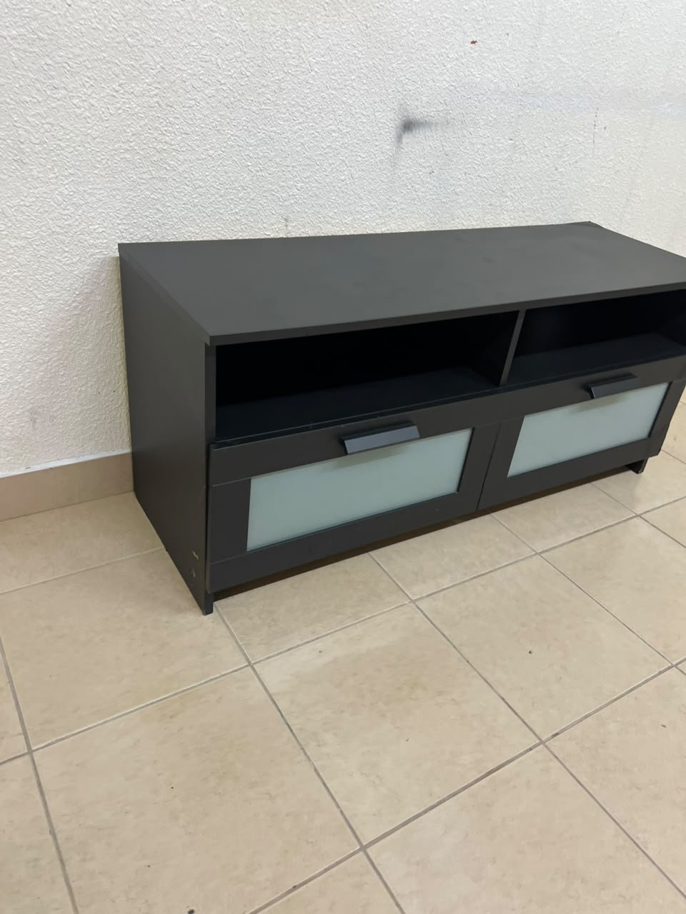This is an IKEA BRIMNES TV bench in black, featuring open shelves and two storage drawers with frosted glass fronts. - Image 10