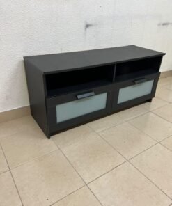 This is an IKEA BRIMNES TV bench in black, featuring open shelves and two storage drawers with frosted glass fronts. - Image 11