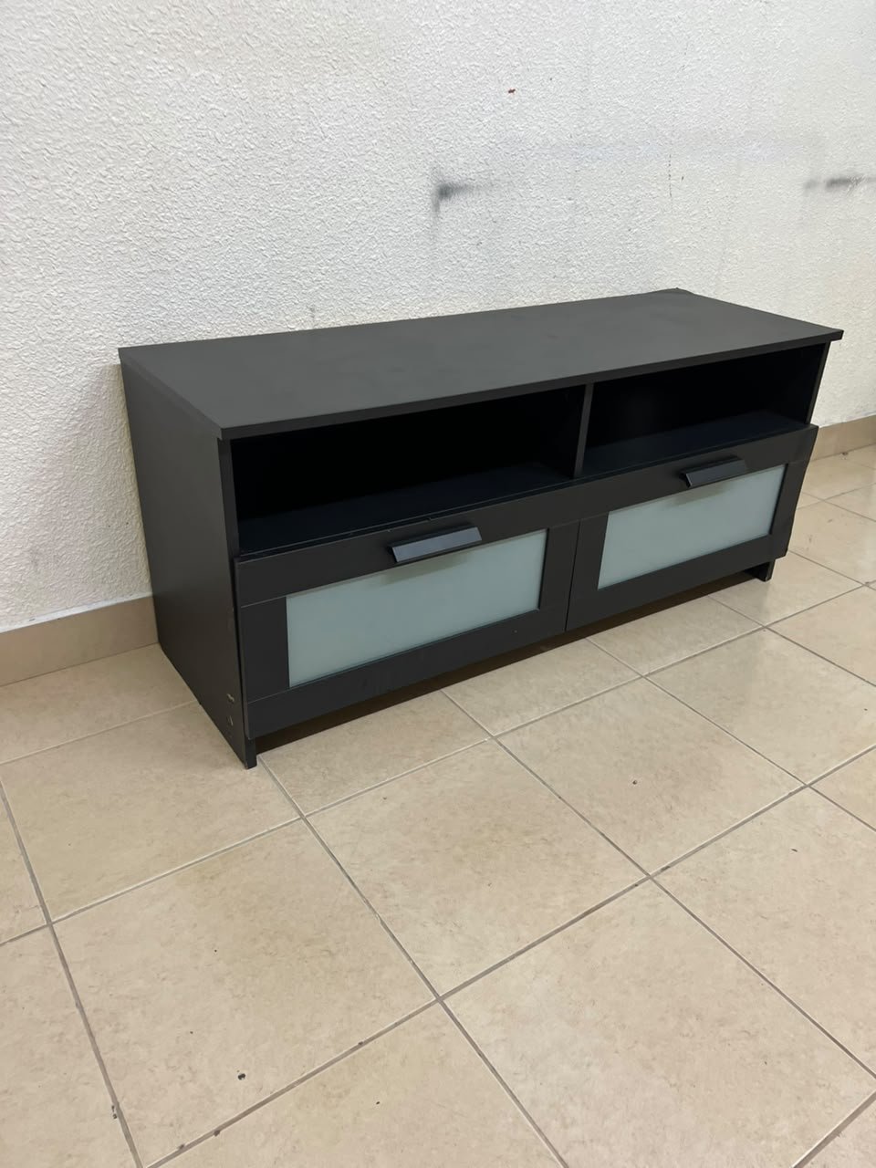 This is an IKEA BRIMNES TV bench in black, featuring open shelves and two storage drawers with frosted glass fronts. - Image 11
