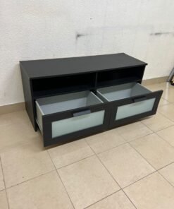 This is an IKEA BRIMNES TV bench in black, featuring open shelves and two storage drawers with frosted glass fronts. - Image 3