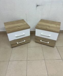 Two bedside tables (nightstands) with two drawers, featuring a design that combines white and light wood (oak or Sonoma finish) with prominent white handles. - Image 2