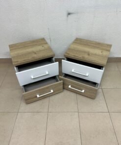 Two bedside tables (nightstands) with two drawers, featuring a design that combines white and light wood (oak or Sonoma finish) with prominent white handles. - Image 5