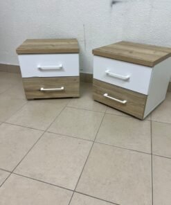 Two bedside tables (nightstands) with two drawers, featuring a design that combines white and light wood (oak or Sonoma finish) with prominent white handles. - Image 6
