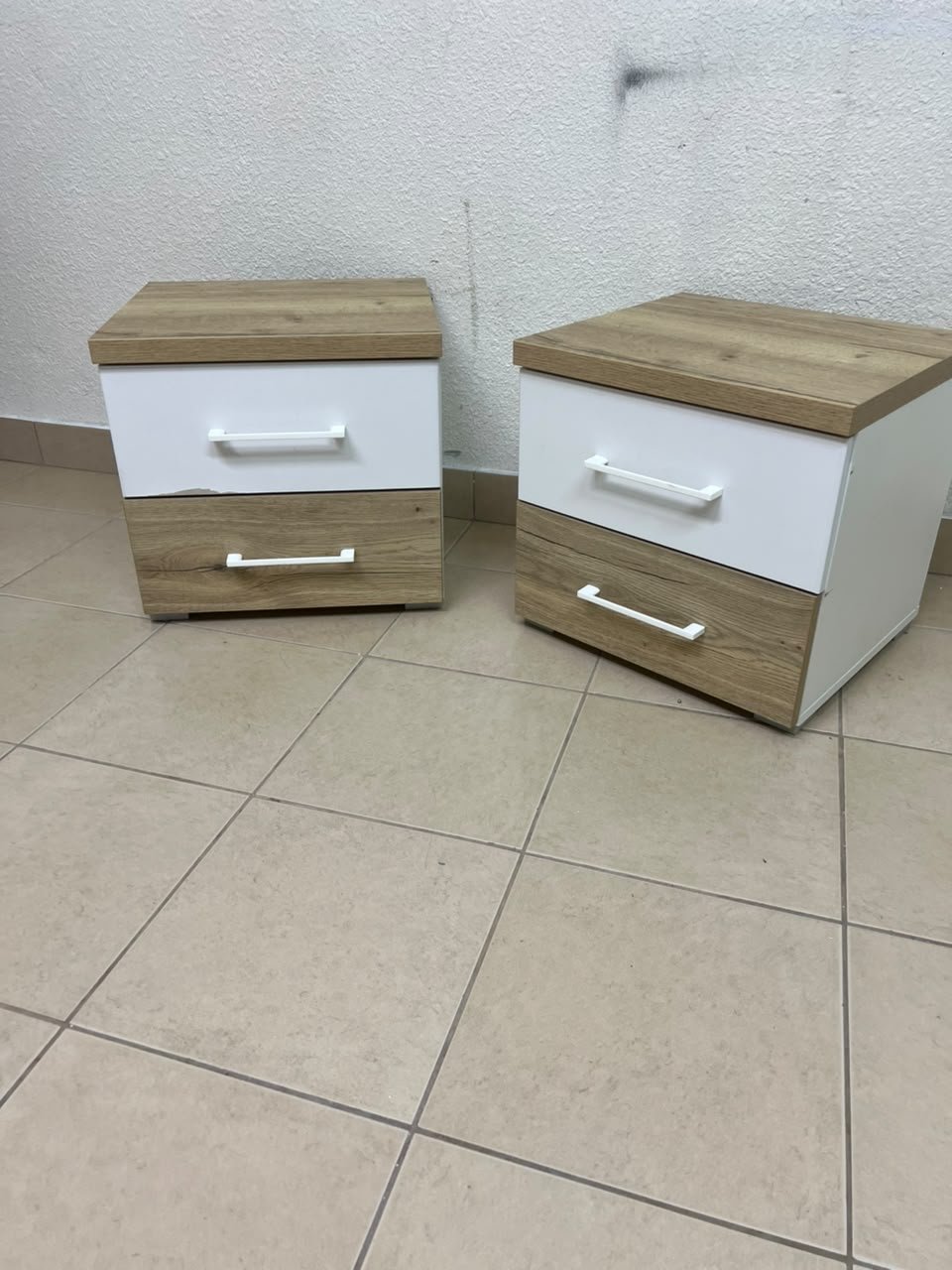 Two bedside tables (nightstands) with two drawers, featuring a design that combines white and light wood (oak or Sonoma finish) with prominent white handles. - Image 6