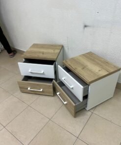Two bedside tables (nightstands) with two drawers, featuring a design that combines white and light wood (oak or Sonoma finish) with prominent white handles. - Image 7