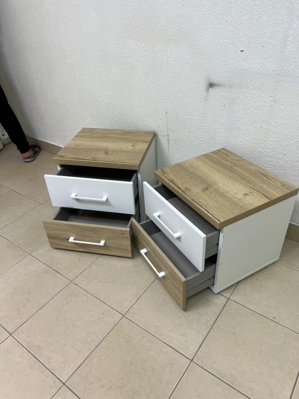 Two bedside tables (nightstands) with two drawers, featuring a design that combines white and light wood (oak or Sonoma finish) with prominent white handles. - Image 7