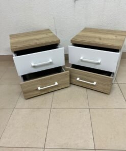 Two bedside tables (nightstands) with two drawers, featuring a design that combines white and light wood (oak or Sonoma finish) with prominent white handles. - Image 9