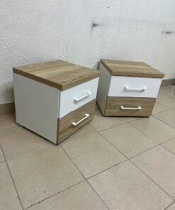Two bedside tables (nightstands) with two drawers, featuring a design that combines white and light wood (oak or Sonoma finish) with prominent white handles. - Image 11