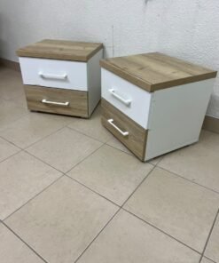 Two bedside tables (nightstands) with two drawers, featuring a design that combines white and light wood (oak or Sonoma finish) with prominent white handles. - Image 3