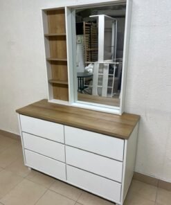 A modern-style dressing table featuring six practical storage drawers and an oak-colored wooden top, complete with a vertical mirror and an attached side shelving unit. - Image 2