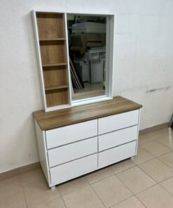 A modern-style dressing table featuring six practical storage drawers and an oak-colored wooden top, complete with a vertical mirror and an attached side shelving unit. - Image 3