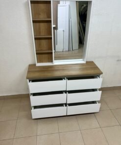 A modern-style dressing table featuring six practical storage drawers and an oak-colored wooden top, complete with a vertical mirror and an attached side shelving unit. - Image 5