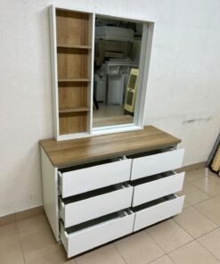 A modern-style dressing table featuring six practical storage drawers and an oak-colored wooden top, complete with a vertical mirror and an attached side shelving unit. - Image 6