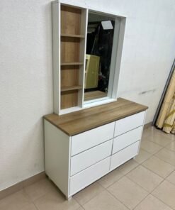 A modern-style dressing table featuring six practical storage drawers and an oak-colored wooden top, complete with a vertical mirror and an attached side shelving unit. - Image 7