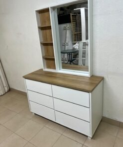 A modern-style dressing table featuring six practical storage drawers and an oak-colored wooden top, complete with a vertical mirror and an attached side shelving unit. - Image 8