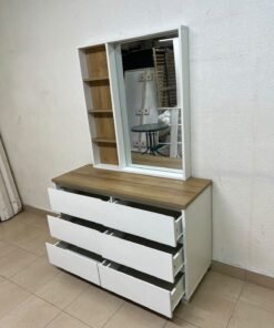 A modern-style dressing table featuring six practical storage drawers and an oak-colored wooden top, complete with a vertical mirror and an attached side shelving unit. - Image 9