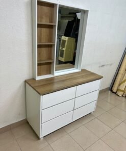 A modern-style dressing table featuring six practical storage drawers and an oak-colored wooden top, complete with a vertical mirror and an attached side shelving unit. - Image 10