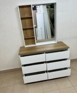 A modern-style dressing table featuring six practical storage drawers and an oak-colored wooden top, complete with a vertical mirror and an attached side shelving unit. - Image 11