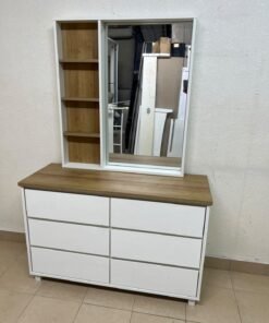 A modern-style dressing table featuring six practical storage drawers and an oak-colored wooden top, complete with a vertical mirror and an attached side shelving unit. - Image 12