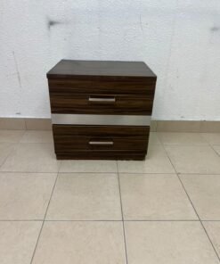 wooden bedside table with two drawers and metal handles. - Image 7
