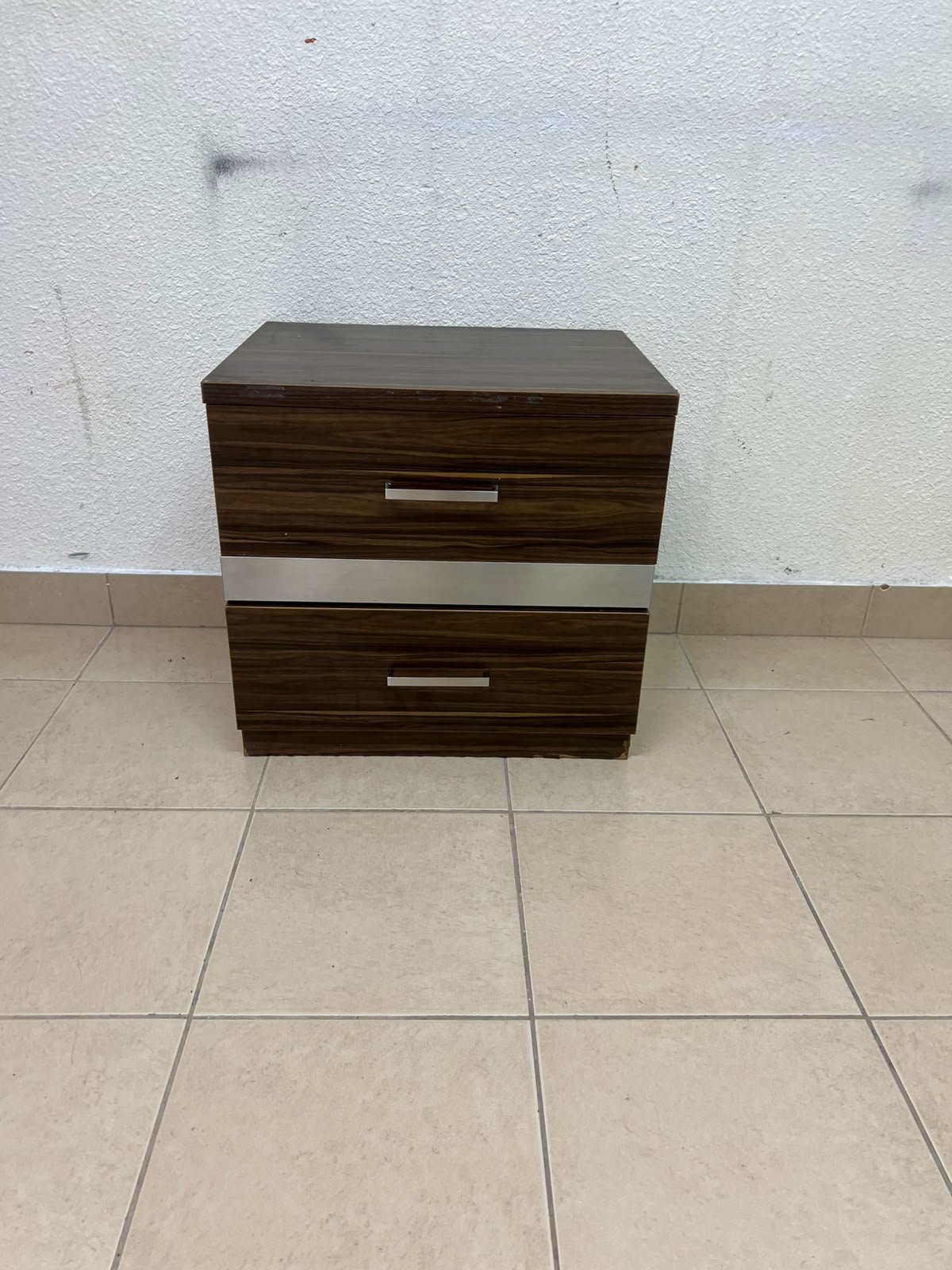 wooden bedside table with two drawers and metal handles. - Image 7