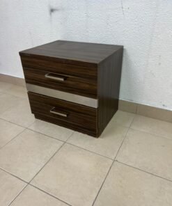wooden bedside table with two drawers and metal handles. - Image 8