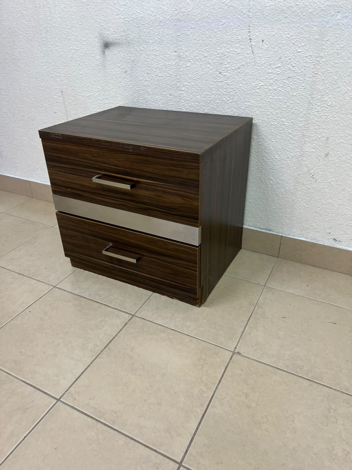 wooden bedside table with two drawers and metal handles. - Image 8