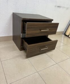 wooden bedside table with two drawers and metal handles. - Image 9