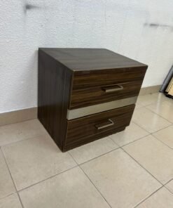 wooden bedside table with two drawers and metal handles. - Image 5