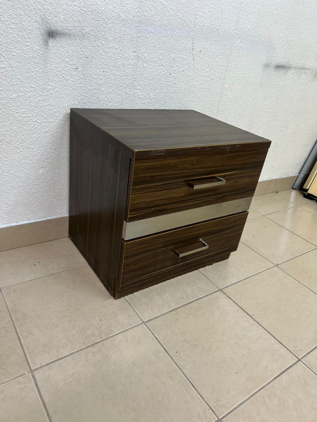 wooden bedside table with two drawers and metal handles. - Image 5