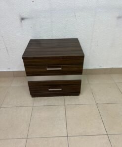 wooden bedside table with two drawers and metal handles. - Image 4