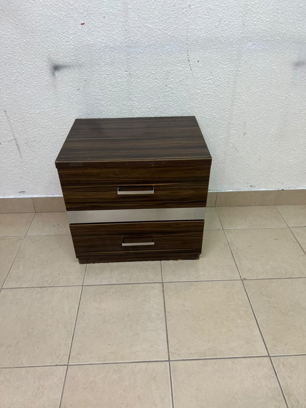 wooden bedside table with two drawers and metal handles. - Image 4