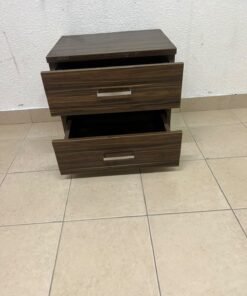 wooden bedside table with two drawers and metal handles. - Image 3