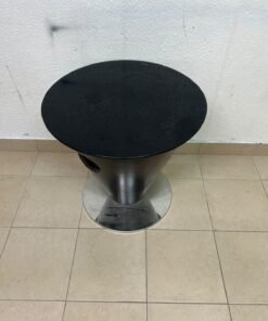 A modern, cone-shaped coffee or side table featuring a circular metal base and a round tabletop. It includes an integrated side opening—suitable for use as a cup holder or small storage unit—and boasts a sleek, streamlined design that is ideal for compact spaces. - Image 4
