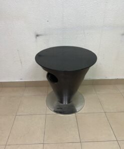 A modern, cone-shaped coffee or side table featuring a circular metal base and a round tabletop. It includes an integrated side opening—suitable for use as a cup holder or small storage unit—and boasts a sleek, streamlined design that is ideal for compact spaces. - Image 6