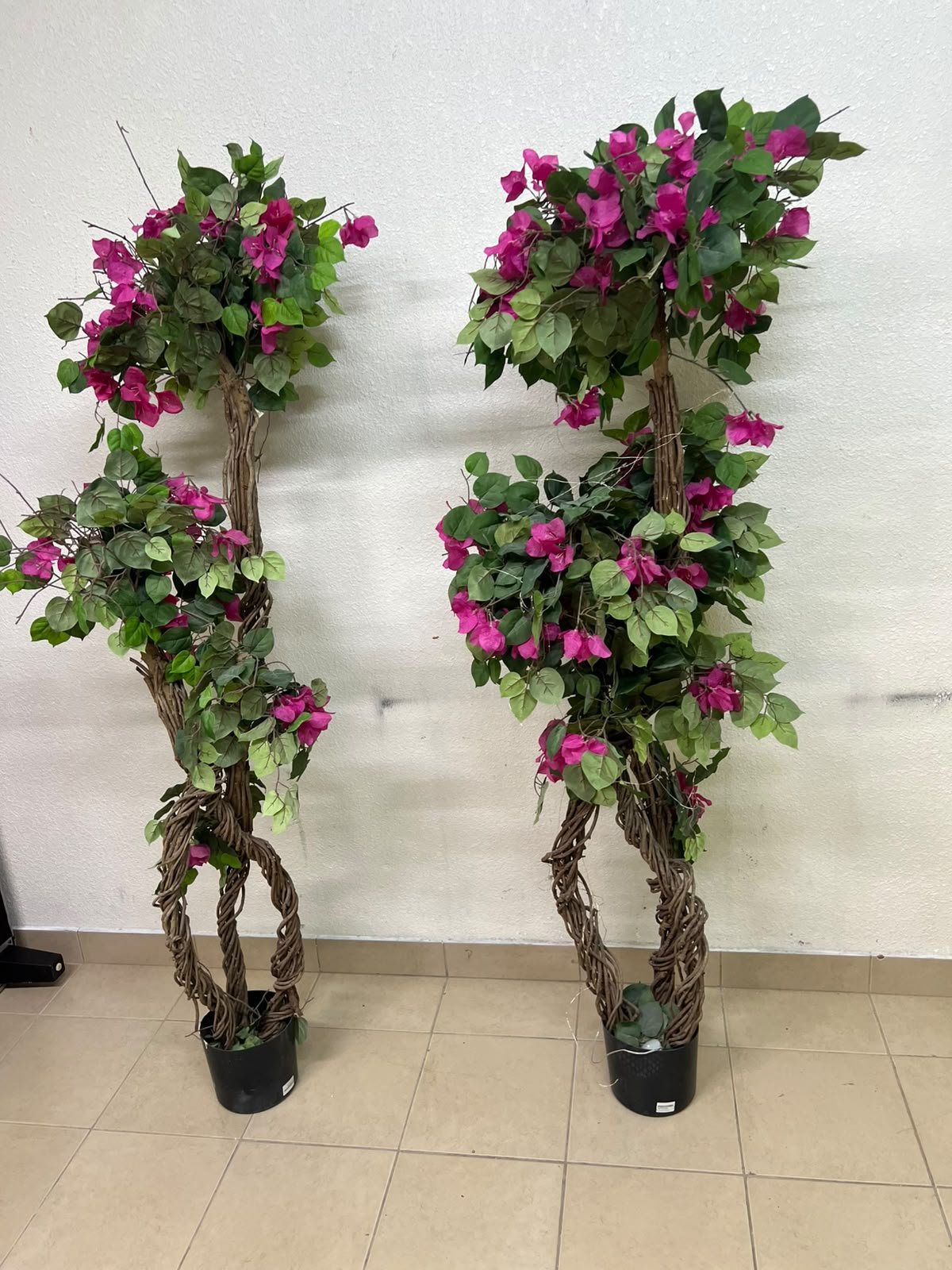 An artificial Bougainvillea tree featuring attractive pink blossoms and green foliage, distinguished by natural, expertly braided wooden trunks and set in black plastic pots.