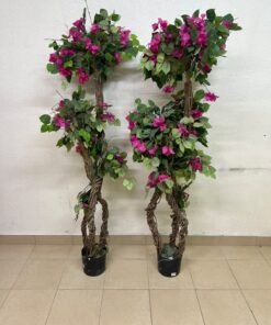 An artificial Bougainvillea tree featuring attractive pink blossoms and green foliage, distinguished by natural, expertly braided wooden trunks and set in black plastic pots. - Image 4