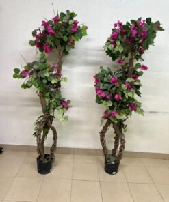 An artificial Bougainvillea tree featuring attractive pink blossoms and green foliage, distinguished by natural, expertly braided wooden trunks and set in black plastic pots. - Image 6