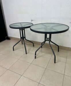 A round garden table featuring a black metal frame and a tempered glass top, suitable for outdoor use on balconies or in gardens. - Image 7