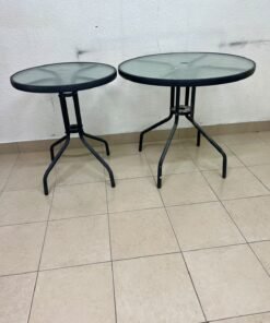 A round garden table featuring a black metal frame and a tempered glass top, suitable for outdoor use on balconies or in gardens. - Image 9