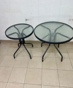 A round garden table featuring a black metal frame and a tempered glass top, suitable for outdoor use on balconies or in gardens. - Image 10